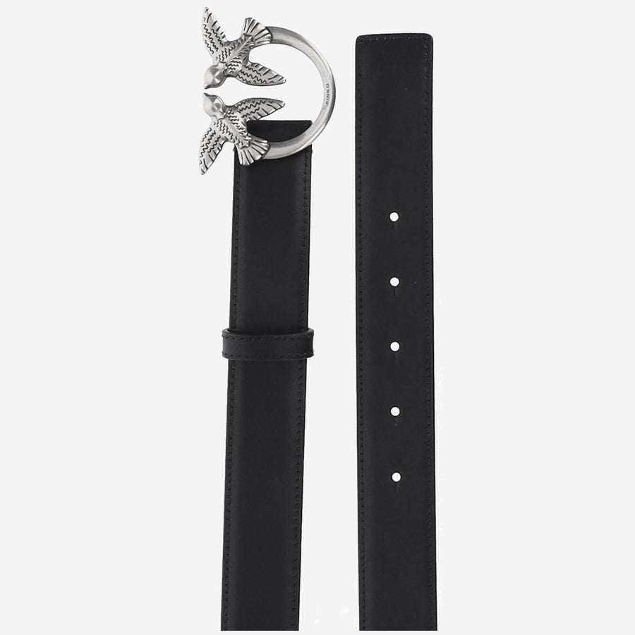 Leather Belt Love Birds Buckle Black