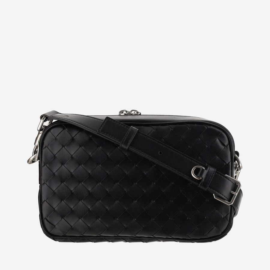 Intrecciato Medium Camera Bag Black Calfskin Leather Messenger
