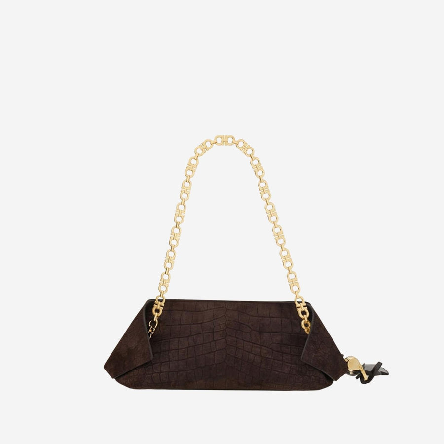 Suede Shoulder Bag Dark Brown Leather