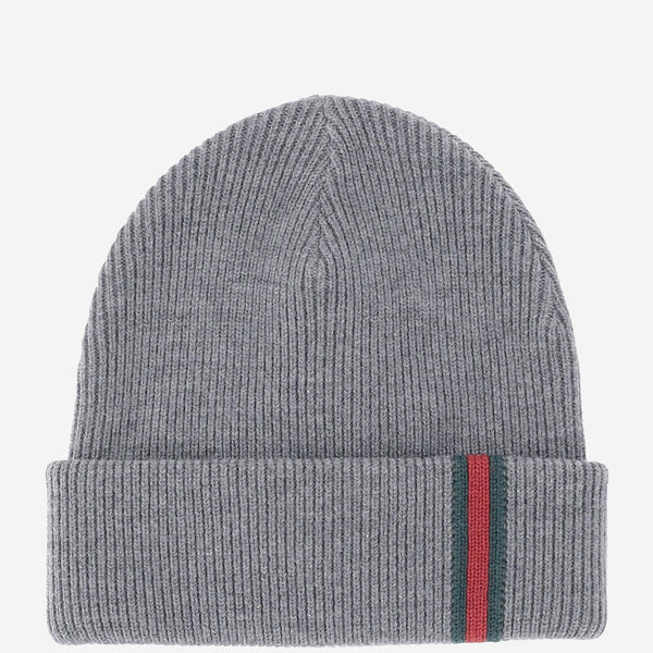 Wool Beanie With Web Ribbon Grey Fabric Hat