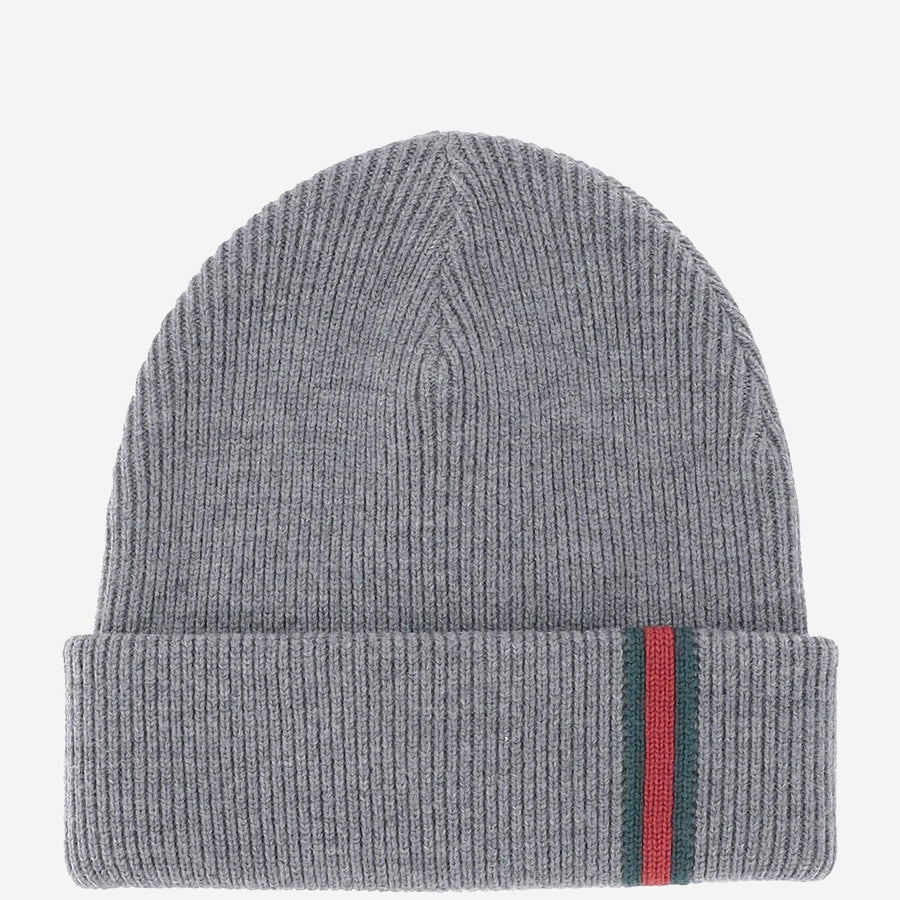 Wool Beanie With Web Ribbon Grey Fabric Hat