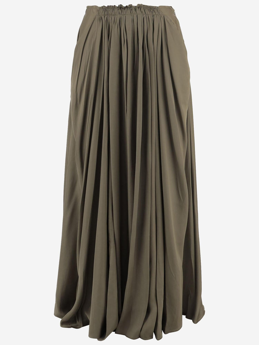 Long Pleated Skirt Army Green Cotton