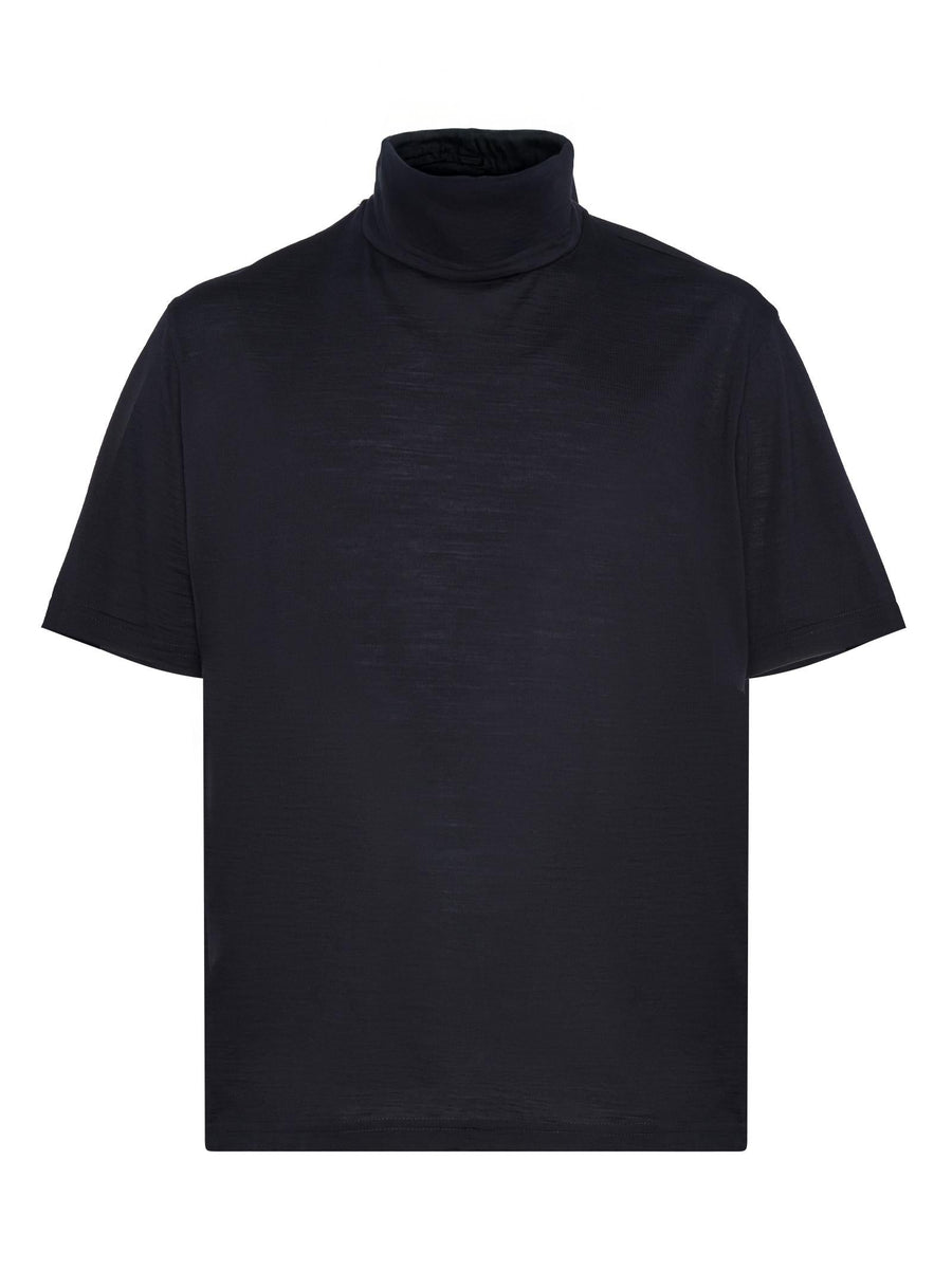 Sweater, Half-Turtleneck Short-Sleeve, Navy Wool