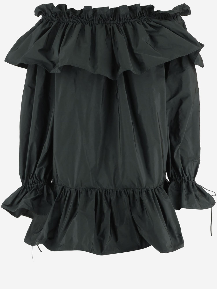 Silk Top Ruffled Neckline Dark Green Tops