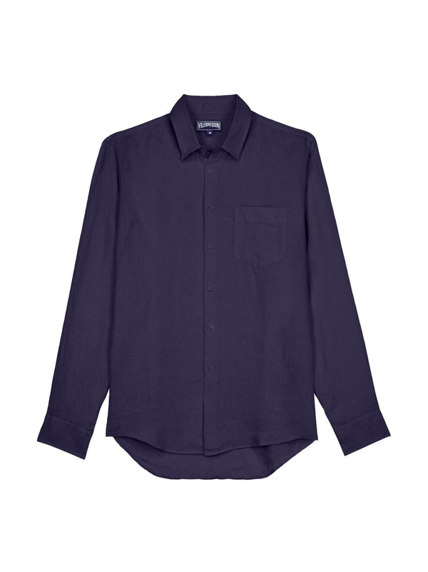 Navy Blue Linen Shirt With Embroidery