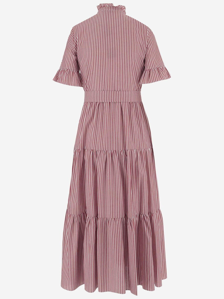 Striped Cotton Dress With Ruffle Collar Red