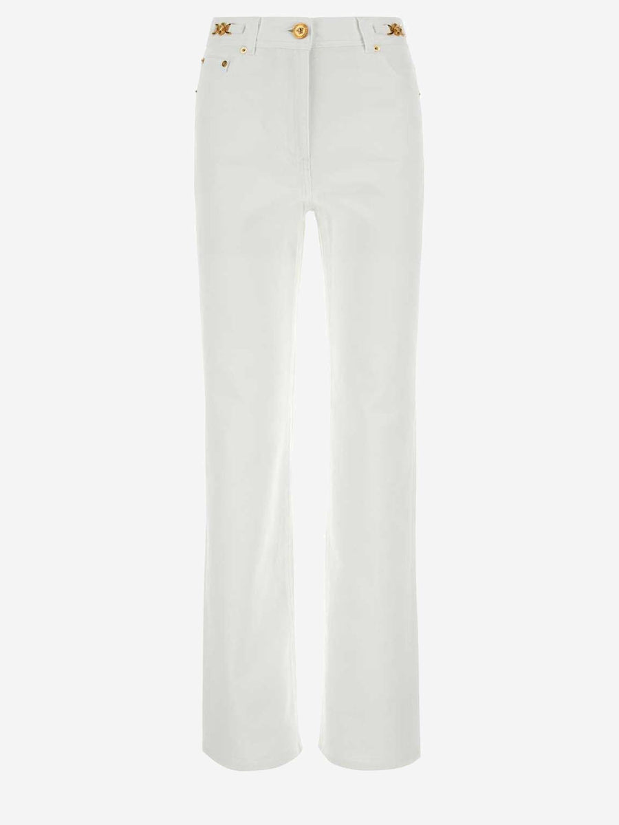 Cotton Denim Jeans With Leather Accents White
