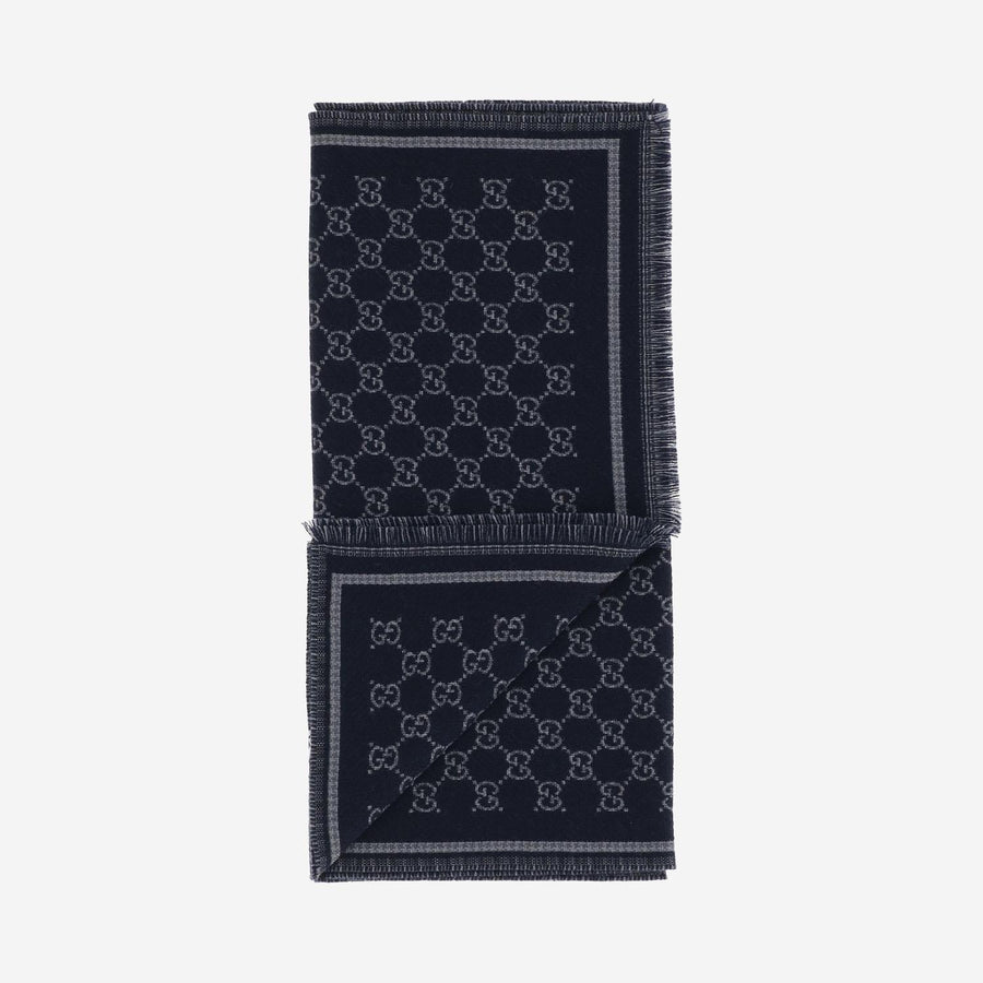 Wool Scarf With Gg Pattern Navy
