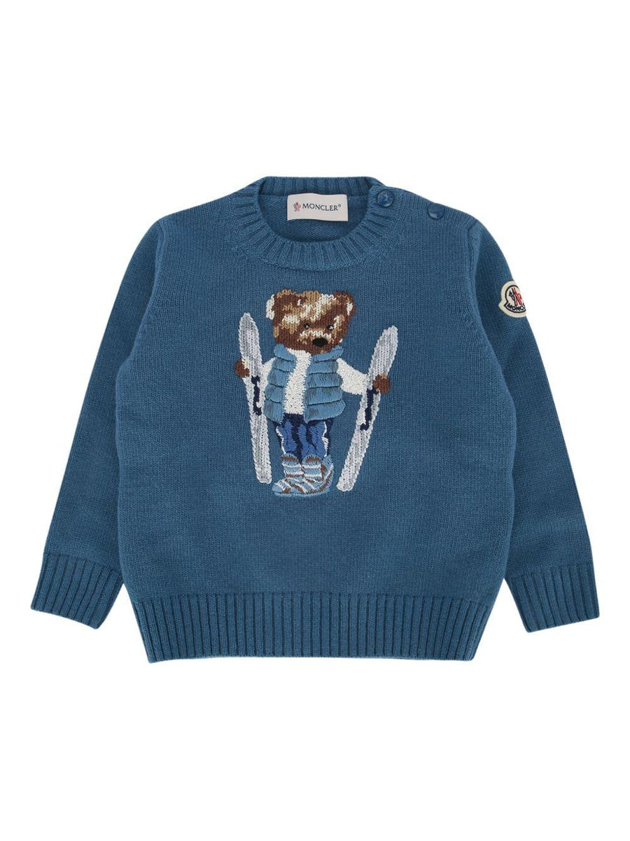 Sweater With Teddy Embroidery Blue Virgin Wool