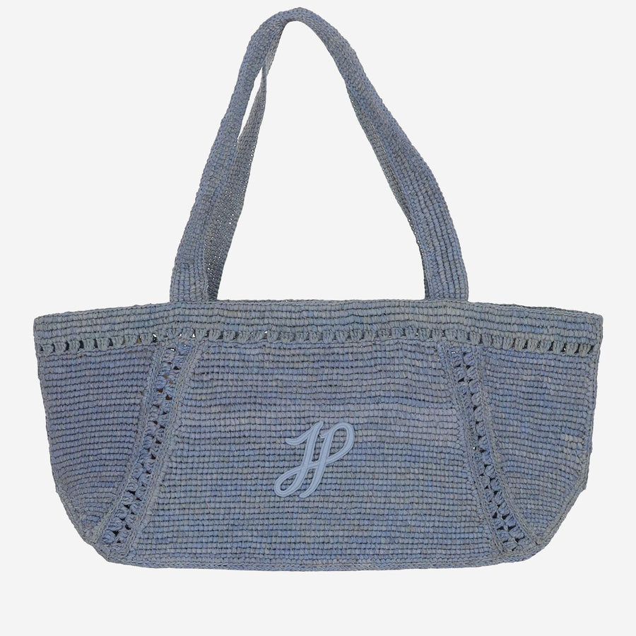 Large Raffia Bag With Logo Navy Shoulder