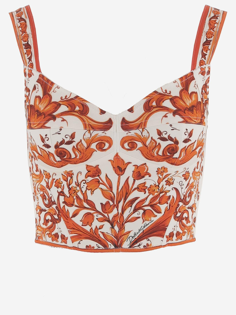 Bustier Top Silk-Blend Majolica Print Multicolour Cotton Tops
