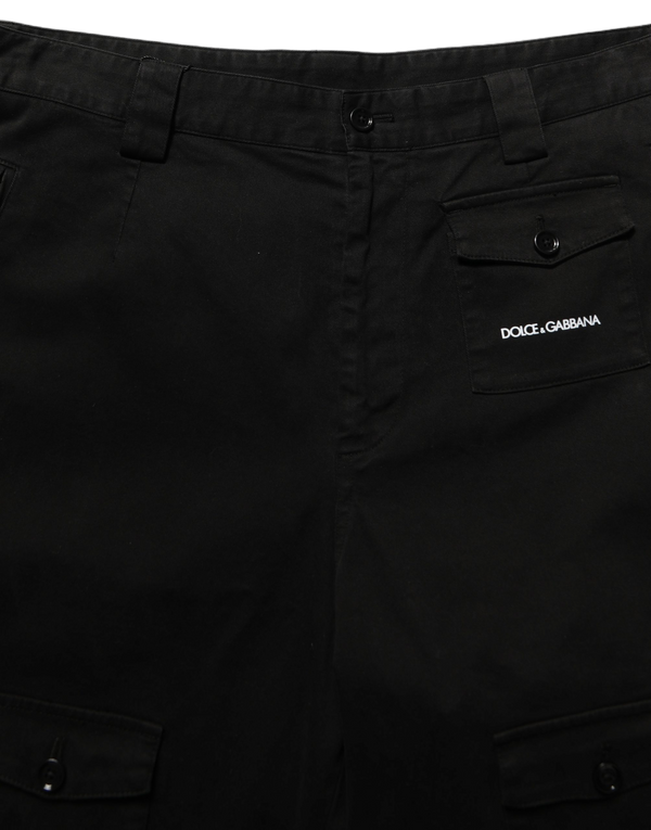 Black Cotton Mid Waist Men Cargo Shorts Elastane