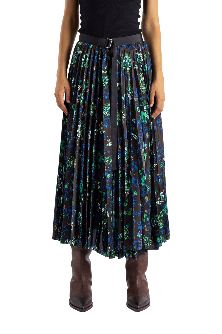Sacai Pleated Floral Print Skirt — Brown