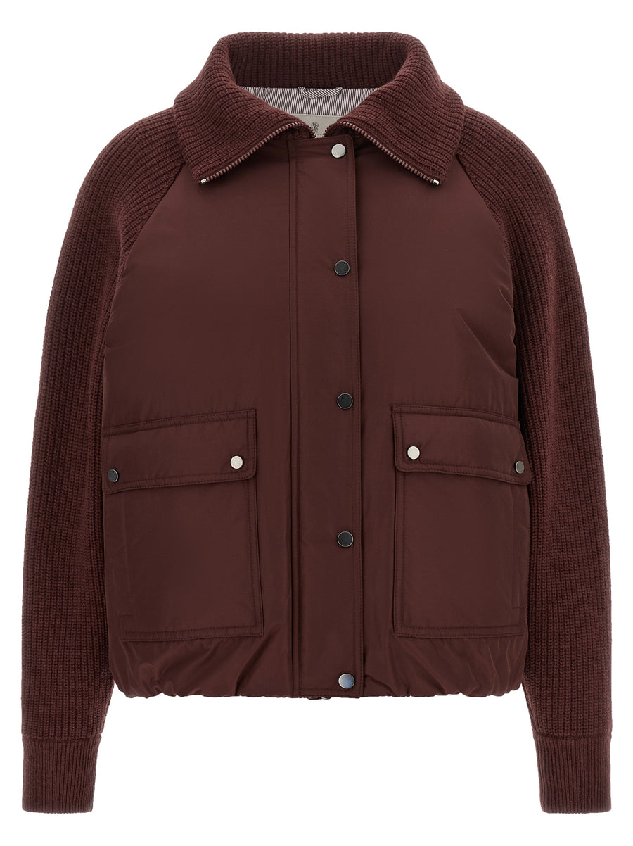 Brunello Cucinelli Techno cotton taffeta with down padding; sleeves and collar in virgin wool jacket in brown