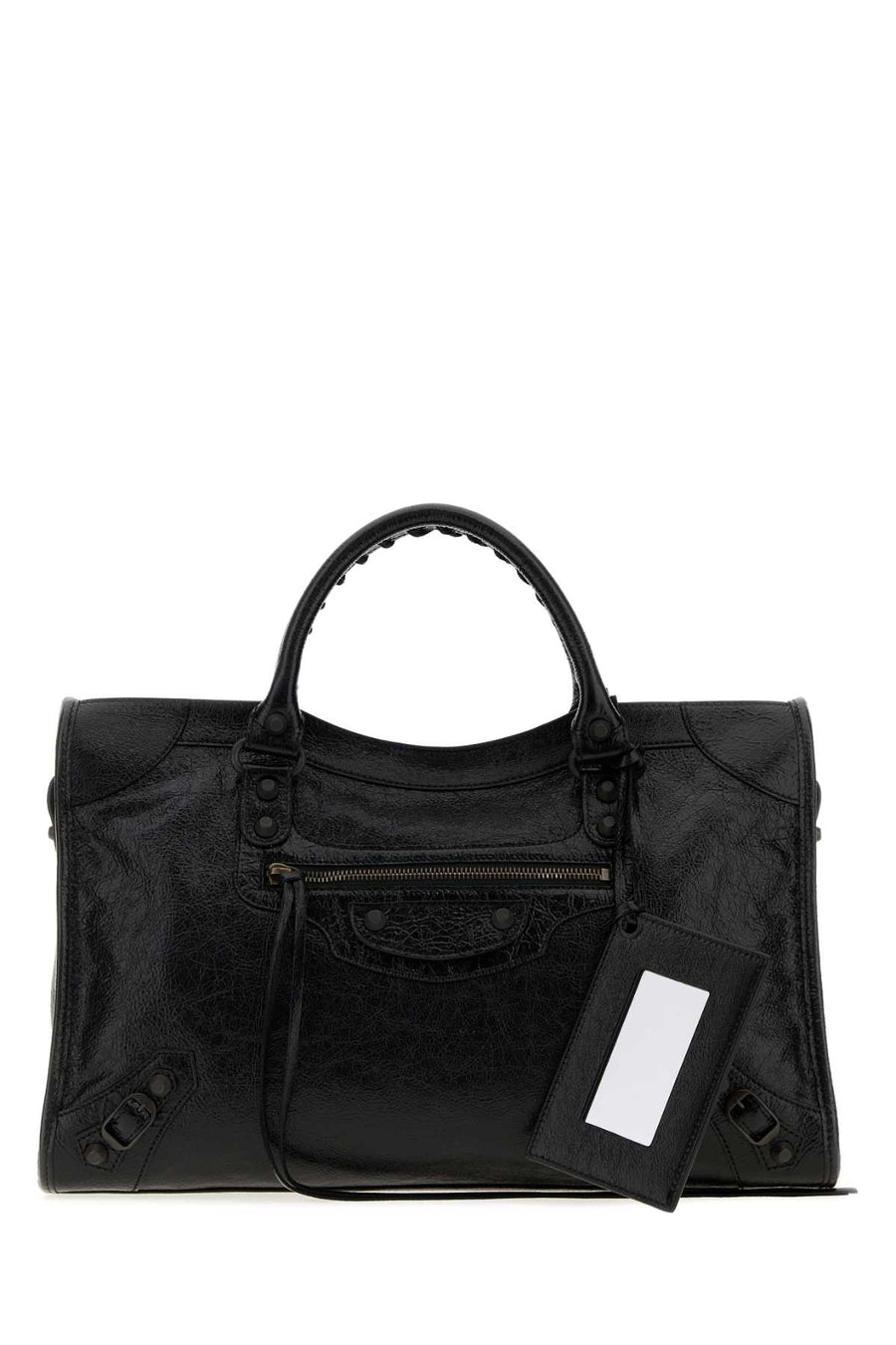 Balenciaga City Exterior: 100% Lamb Lining: 100% Cotton Finishing: Ruthenium top handle bag in black
