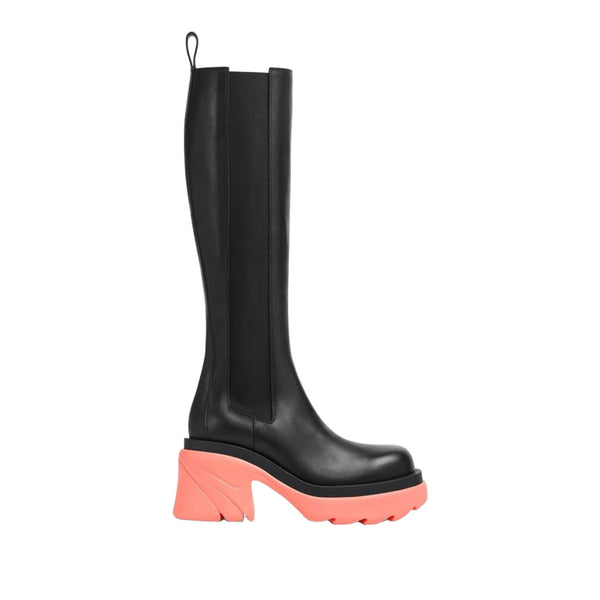 Bottega Veneta Black and coral calfskin knee-high boot in black