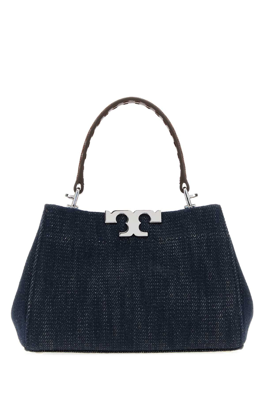 Tory Burch Denim Exterior: 100% Fabric. Lining: 100% Suede. Finishing: Silver metal top handle bag in navy
