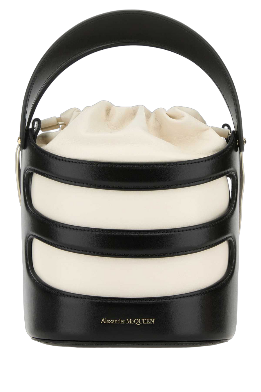 Alexander McQueen Exterior: 100% Leather; Lining: 100% Leather; Finishing: Golden metal bucket bag in black