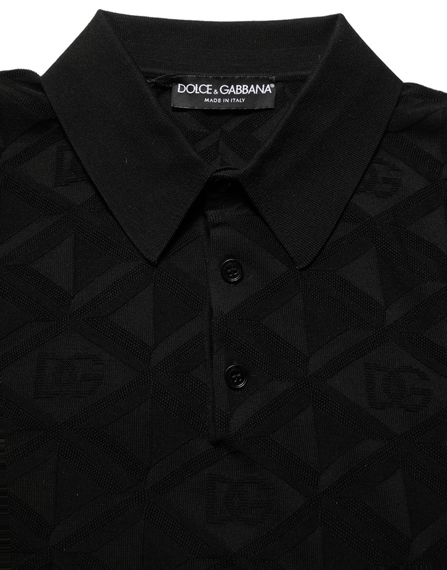 Black Silk Short Sleeve Knit Polo T-Shirt