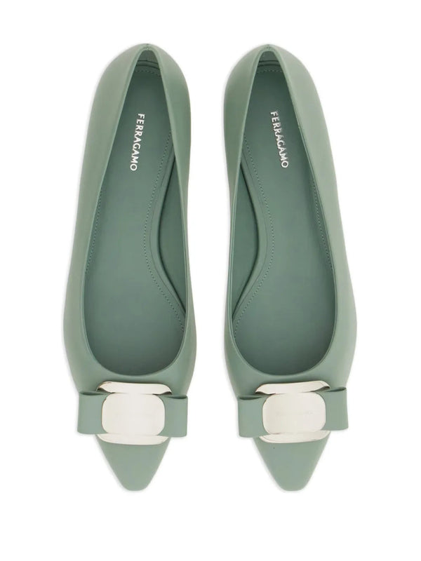 Ferragamo New Vara-Bow Lambskin Ballerina Shoes Green