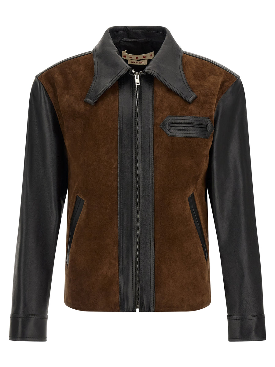 Marni 100% calfskin leather (as stated); brown suede and black calfskin (as stated) jacket in brown