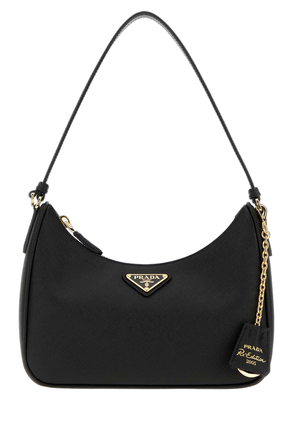 Prada Maniglia Exterior: 100% Leather; Lining: 100% Fabric; Finishing: Golden metal shoulder bag in black