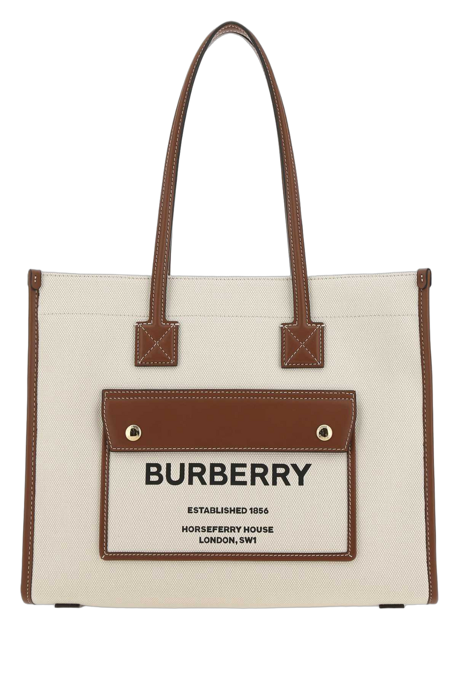 Burberry Exterior: 100% Cotton; Trim: 100% Calf; Lining: 100% Fabric; Finishing: Golden metal tote bag in beige