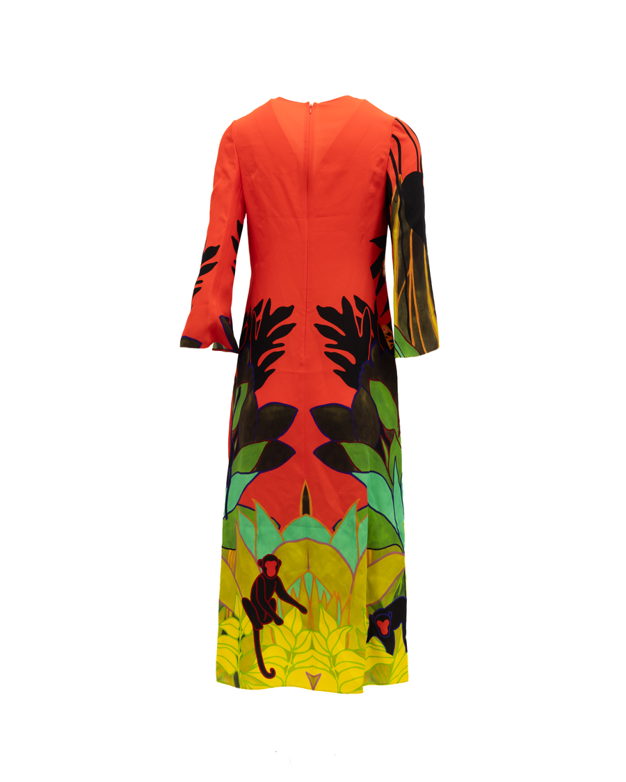 Tropical Print Long Sleeve Midi Dress Orange