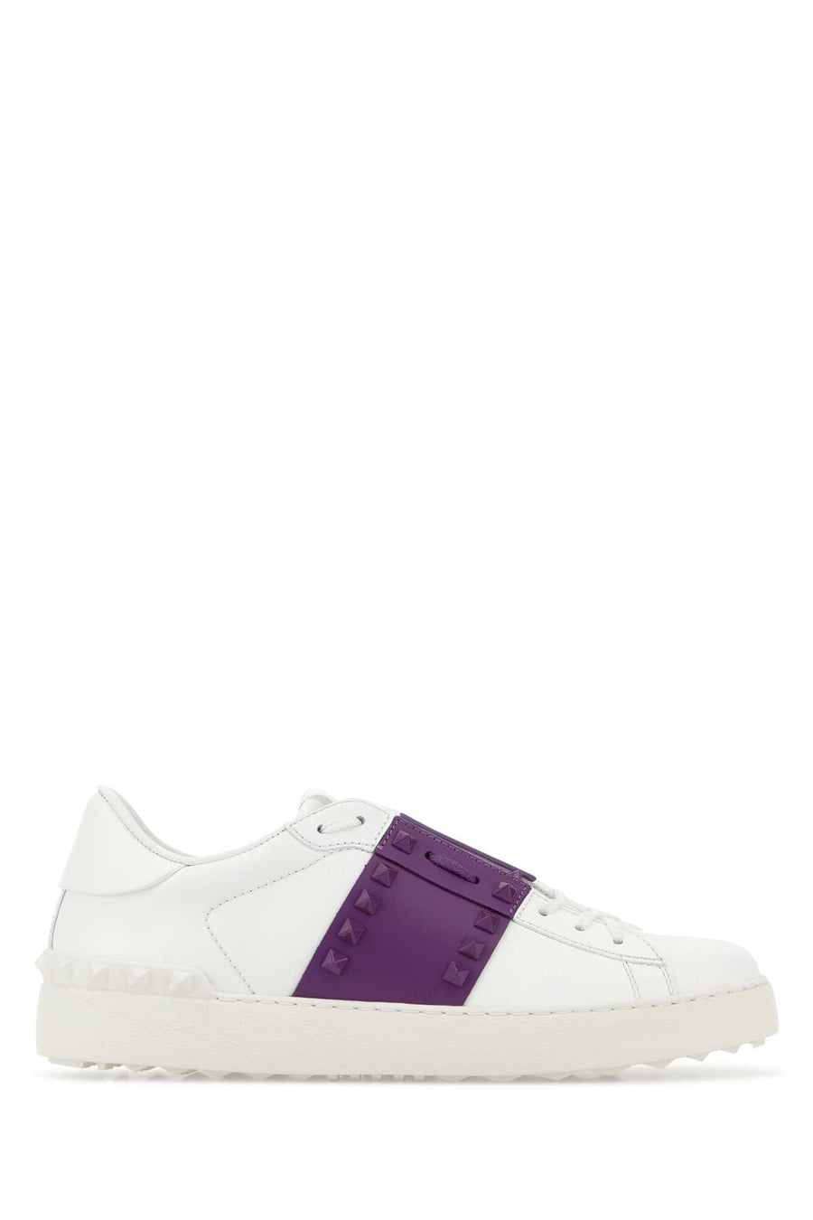 White Leather Rockstud Untitled Sneakers With Purple Band Biancoviolabianco
