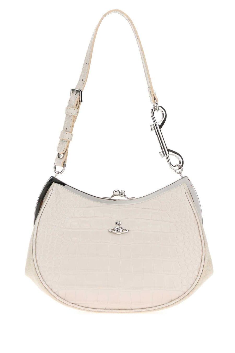 Vivienne Westwood Frame Exterior: 100% Calf; Lining: 100% Cotton; Finishing: Silver metal shoulder bag in white