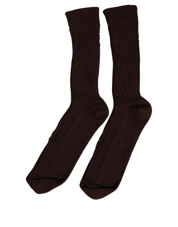 Dark Brown Cotton Distressed Mid Calf Accessory Socks Nylon Elastane Clothing
