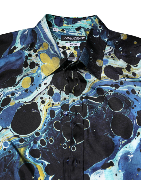 Blue Marble Print Martini Dress Formal Shirt Silk