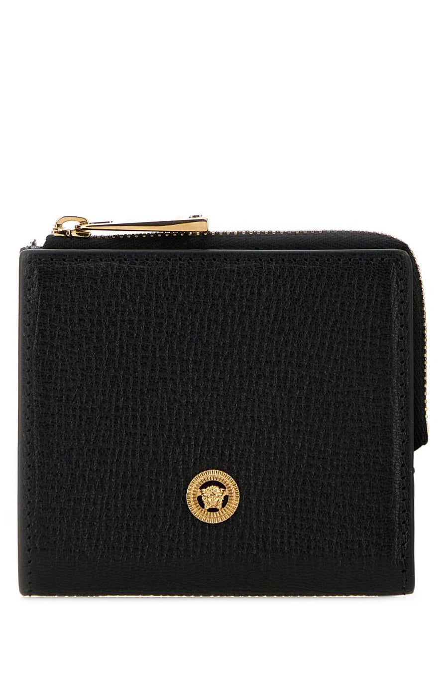Versace Wallet Exterior: 100% Ovine leather; Finishing: Golden metal wallet in black