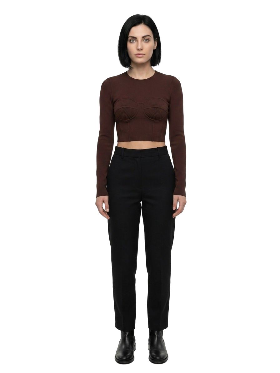 Brown Elastane Long Sleeve T-Shirt