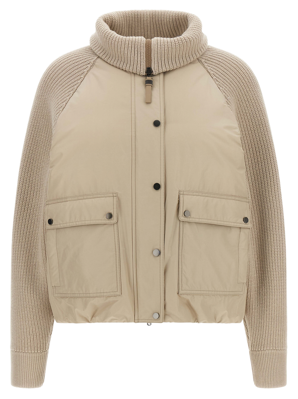 Brunello Cucinelli Cotton canvas body with ribbed knit raglan sleeves and collar jacket in beige