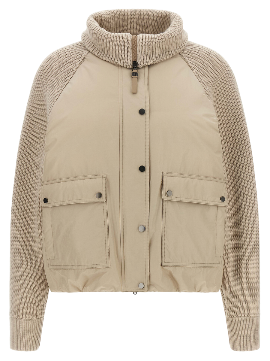 Brunello Cucinelli Cotton canvas body with ribbed knit raglan sleeves and collar jacket in beige