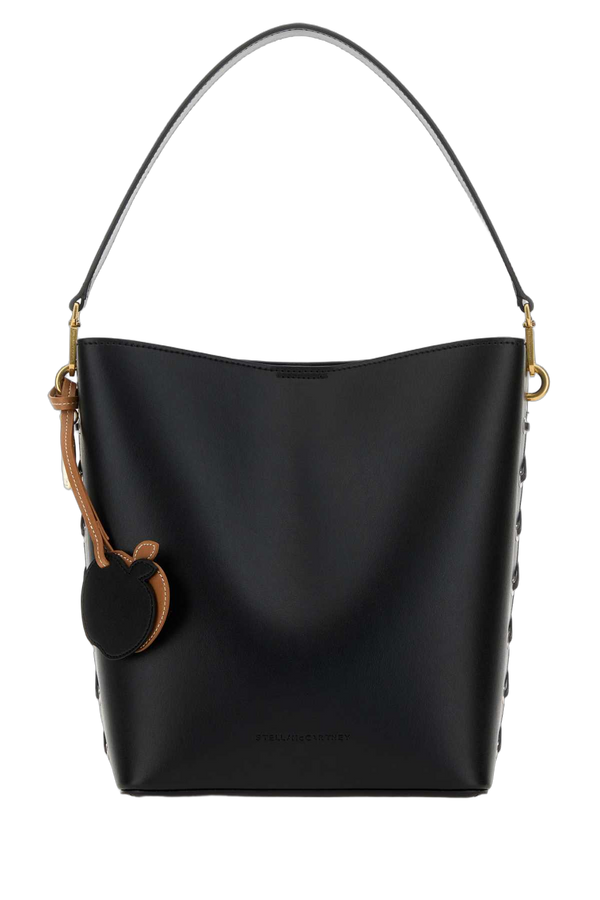 Stella McCartney Exterior: 56% Polyester 44% Cotton; Lining: 100% Recycled Nylon; Finishing: Antiqued golden metal shoulder bag in black