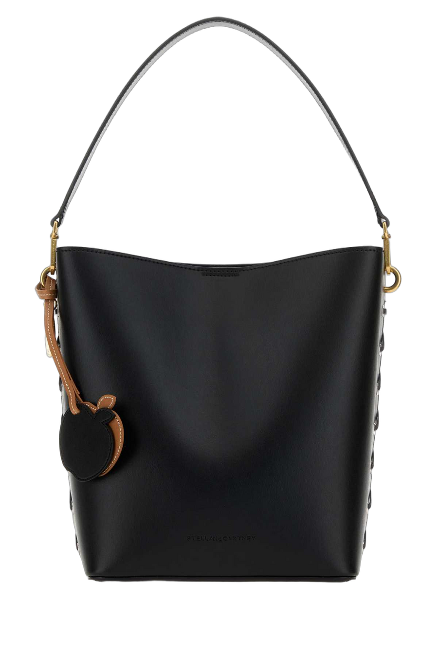 Stella McCartney Exterior: 56% Polyester 44% Cotton; Lining: 100% Recycled Nylon; Finishing: Antiqued golden metal shoulder bag in black