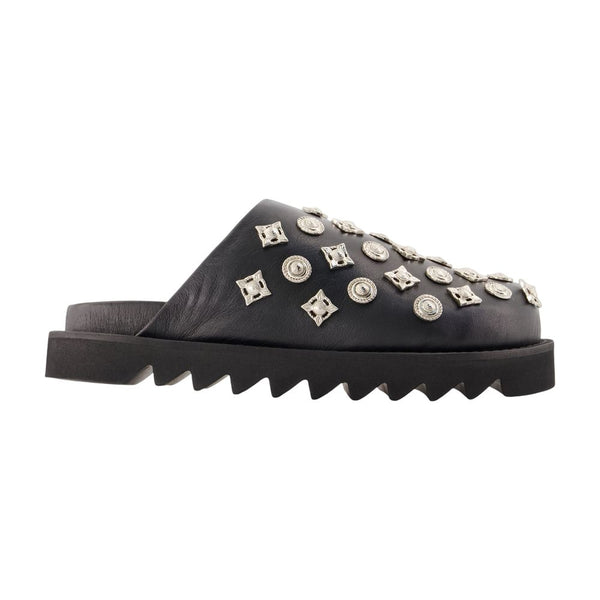 Aj1217 - Black Leather Sandals Cowhide Shoes / Mules