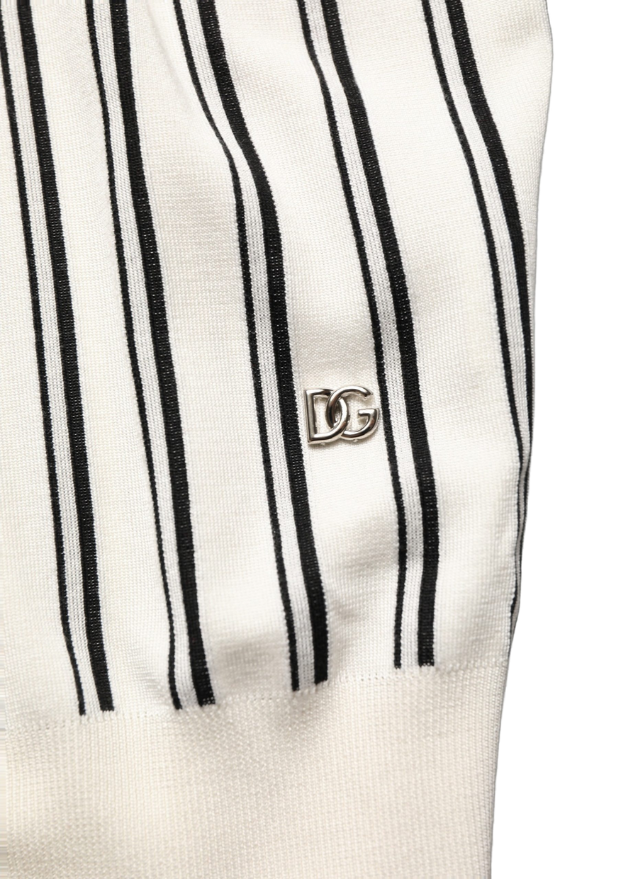 White Black Stripe Collared Polo T-Shirt And Silk