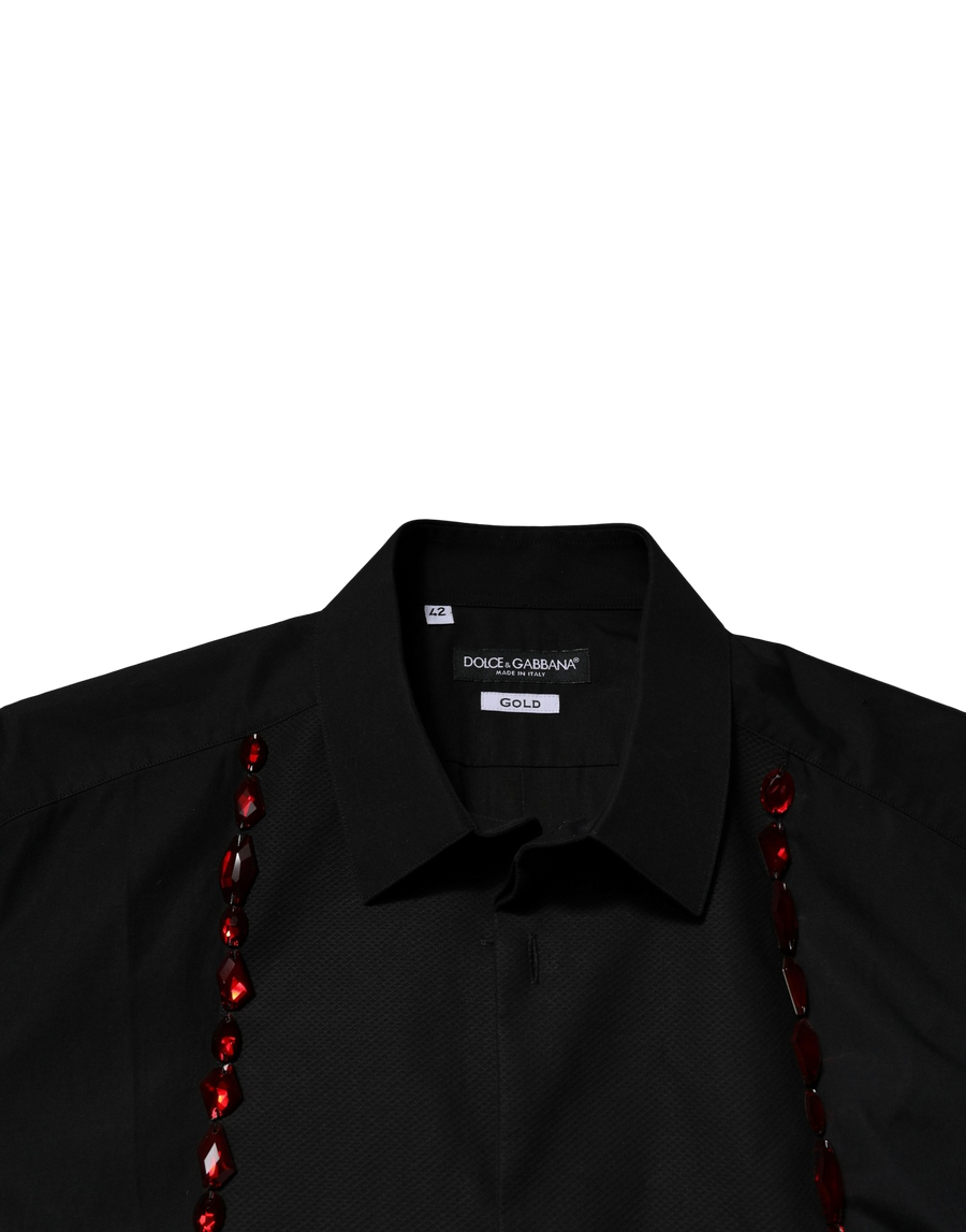 Black Crystal Embellished Gold Dress Shirt Cotton