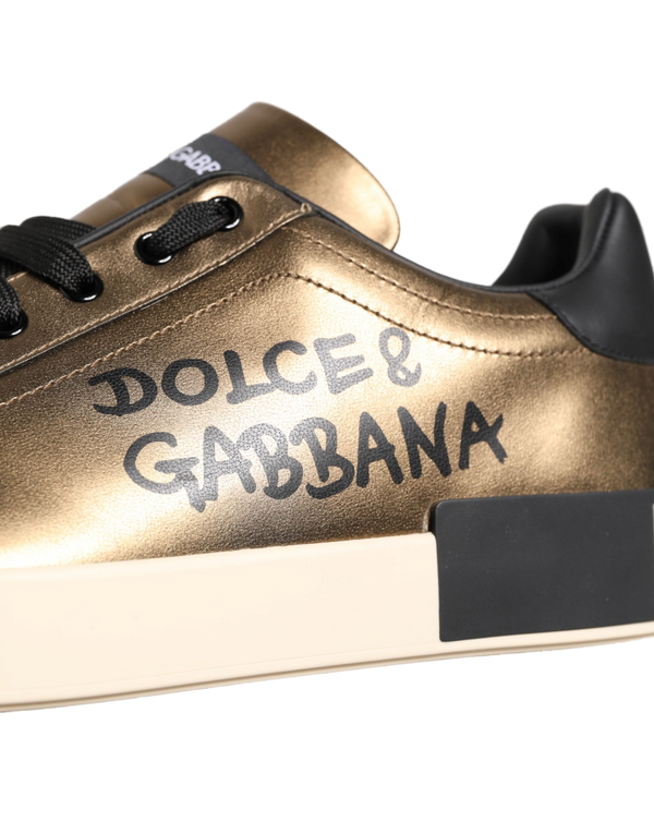 Gold Portofino Calf Leather Sneakers Shoes Gold, Black
