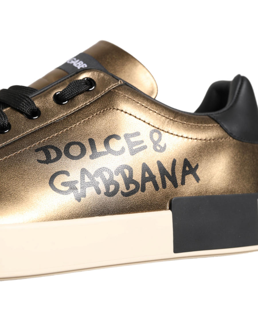 Gold Portofino Calf Leather Sneakers Shoes Gold, Black