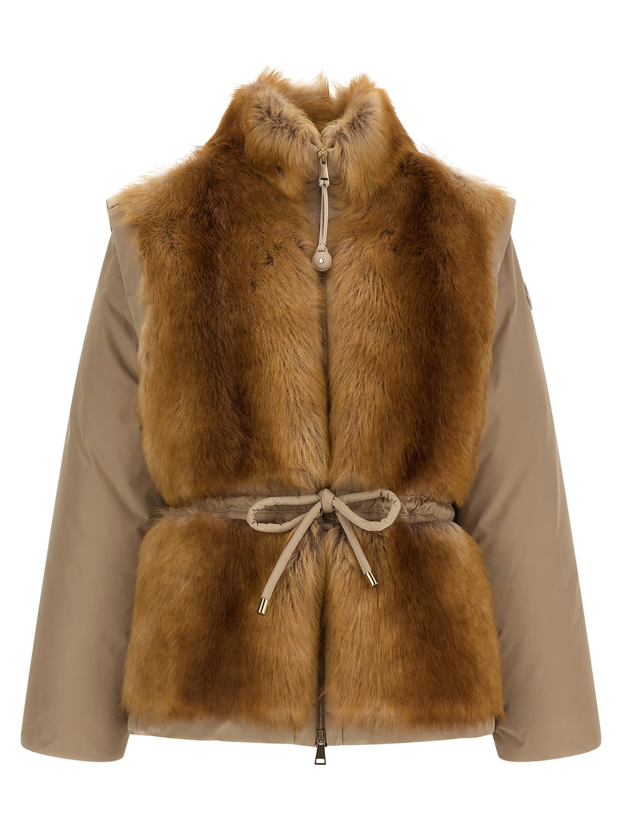 Moncler 100% Polyester body; long-haired sheepskin panel vest in beige