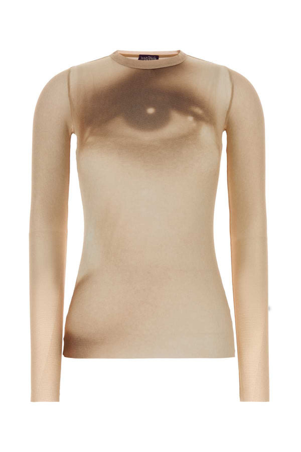 Mesh Long Sleeves Top Printed Face Beige Maglie