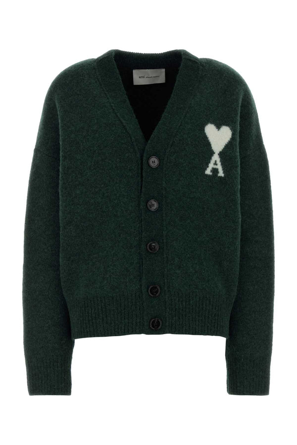 Bottle Green Alpaca Blend Cardigan Vert Bouteille/ecru Maglieria