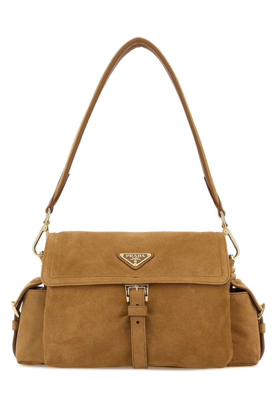 Prada Exterior: 100% Suede; Lining: 100% Fabric; Finishing: Platinum shoulder bag in camel