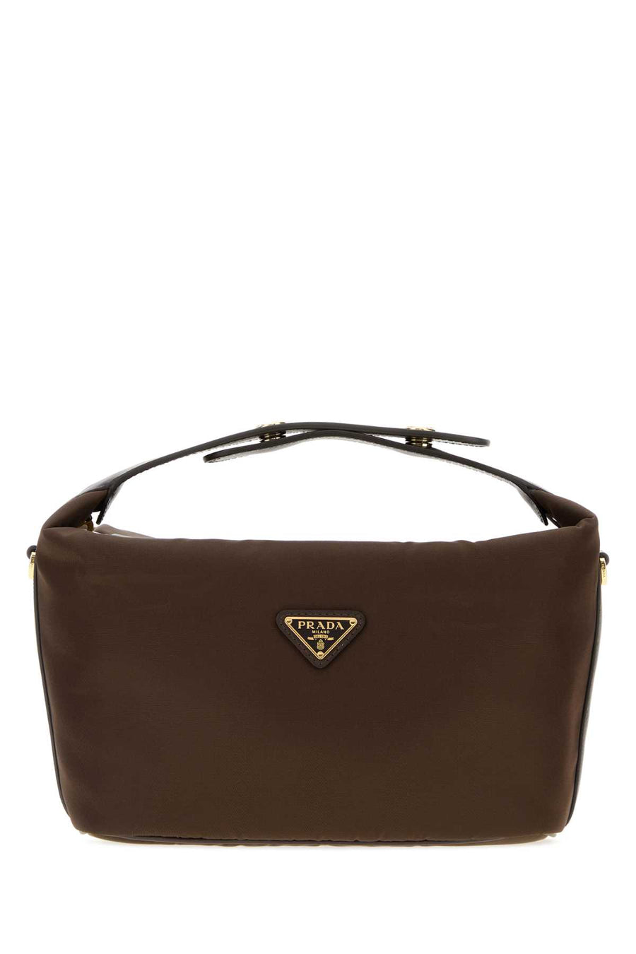 Prada Exterior: 100% Nylon (Re-Nylon fabric); Lining: 100% Fabric; Finishing: Golden metal shoulder bag in brown
