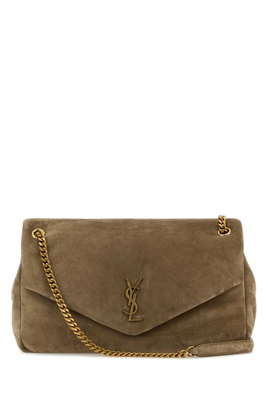 Saint Laurent Calypso Exterior: 100% Suede; Lining: 100% Fabric; Finishing: Antiqued golden metal shoulder bag in brown