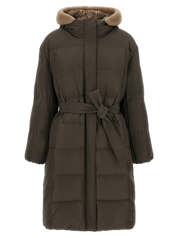 Brunello Cucinelli Cotton canvas with down padding; sherpa and checkered lining down coat in brown